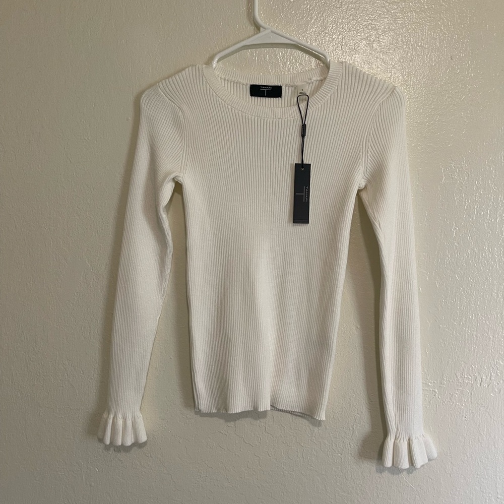Tahari Cream Ribbed Long-Sleeve Knit Top with Ruffle Cuffs